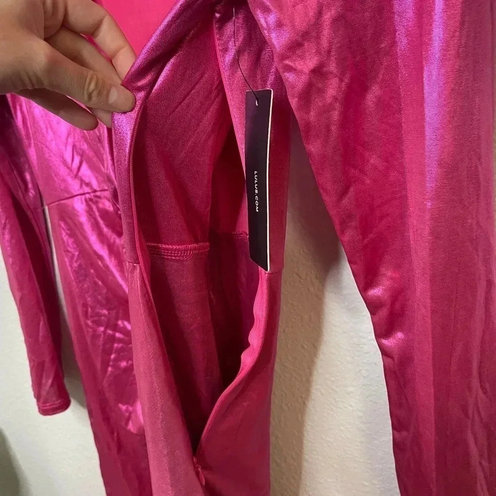 NWT Lulus Glow Like Me Hot Pink Metallic Twist-Front Long Sleeve Dress - Picture 9 of 13